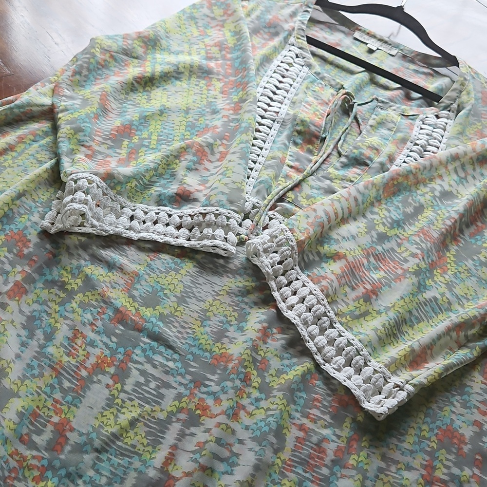Daniel Rainn Sheer Abstract Print Peasant Boho Tunic Coverup Top 1X - Picture 10 of 14